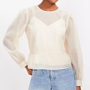 NWT Loft feather print tie back peplum blouse Cream Blouse size small